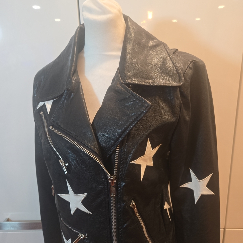 Olivaceous Black Leather Jacket with White Stars - Picture 5 of 13
